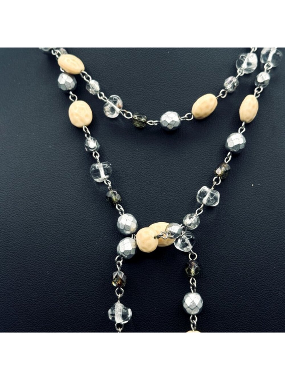 Vintage Lariat Necklace Crystal AB Glass Silver Smoky Cream Neutral BOHO 50" - Picture 2 of 5